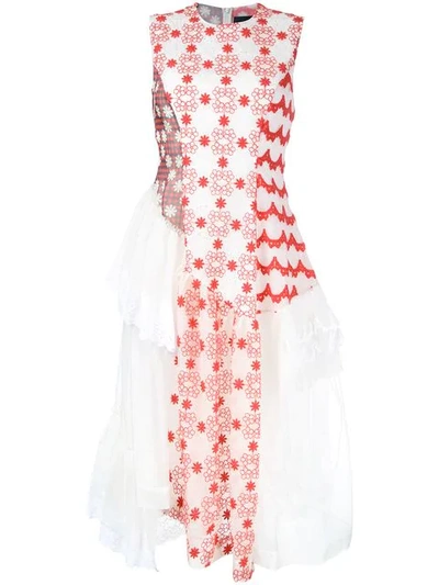 Simone Rocha Asymmetric Floral Embroidered Panelled Dress In Beige/red