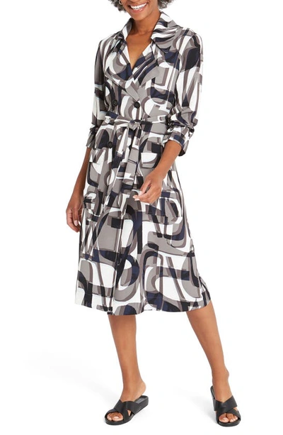 Nic + Zoe Alphabet Print Long Sleeve Trench Coat Dress In Olive Multi