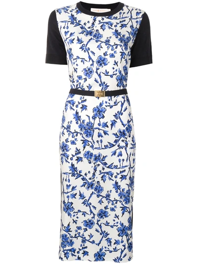 tory burch greer dress Tory Burch Greer Floral Print Silk & Wool Belted Dress In Blue