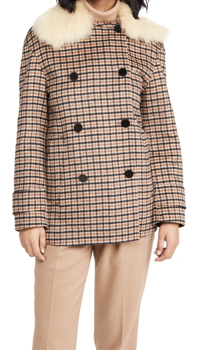 Theory Shearling-collar Plaid Peacoat In Camel Multi