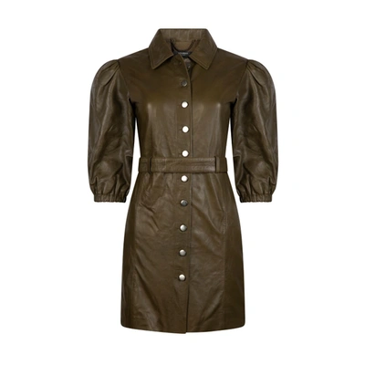 Muubaa Leather Belted Mini Dress In Olive Green