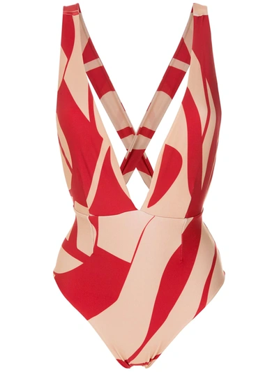 Haight Printed Plunge Neck Swimsuit In Red