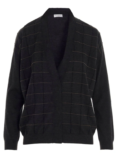 Brunello Cucinelli Beaded Windowpane Cashmere & Silk Cardigan In Grey
