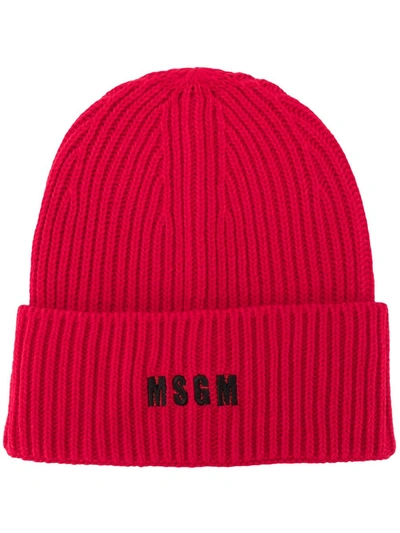 Msgm Embroidered Logo Ribbed Beanie In Red