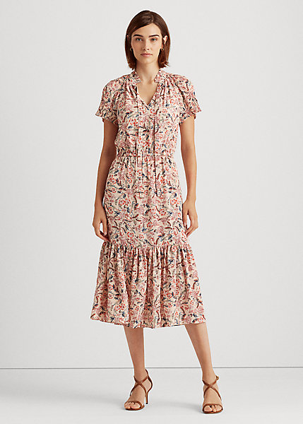 Lauren Ralph Lauren Pleated Floral Georgette Dress In Pink Multi | ModeSens