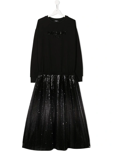 Balmain Teen Rhinestone-embellished Logo Dress In Black