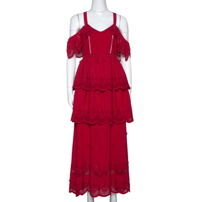 Pre-owned Self-portrait Raspberry Red Lace Tiered Off Shoulder Dress S