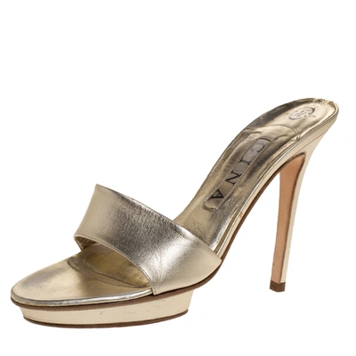 Pre-owned Gina Metallic Gold Leather Slide Sandals Size 37