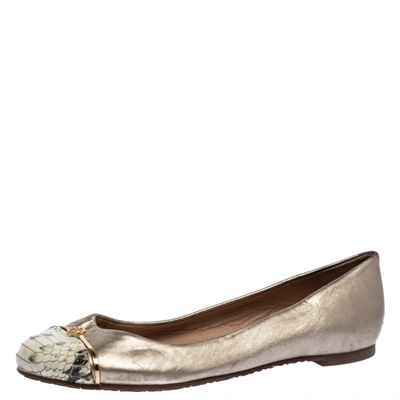 Pre-owned Tory Burch Metallic Gold Leather And Snake Print Cap Toe Bar Logo Ballet Flats Size 37