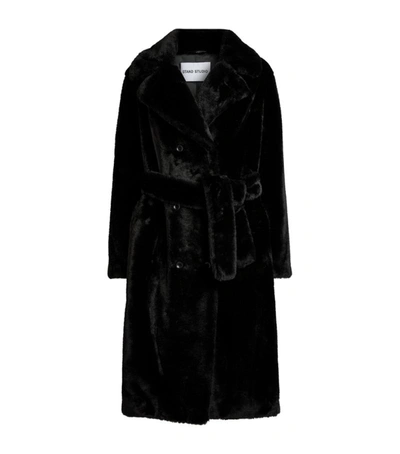 Stand Studio Faustine Faux Fur Belted Coat In Black