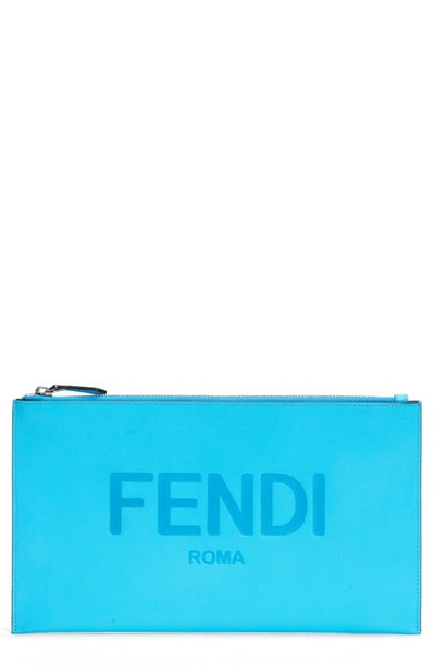 Fendi Medium Logo Leather Pouch In Pool Palladium