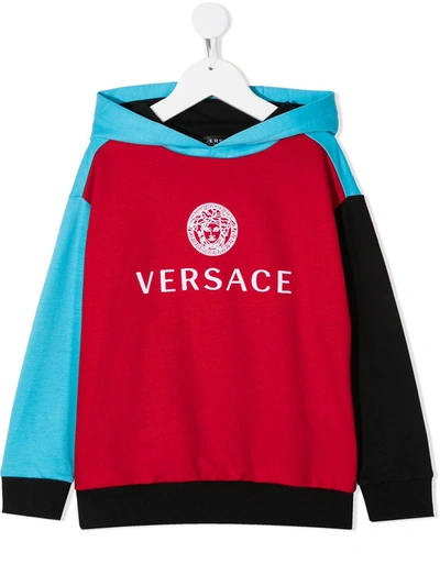 Young Versace Teen Logo-print Colour Block Hoodie In Red