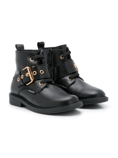 Young Versace Kids' Buckled Strap Ankle Boots In Black