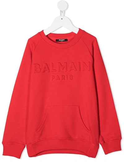 Balmain Kids' Embossed Logo Crew Neck Sweatshirt In Red
