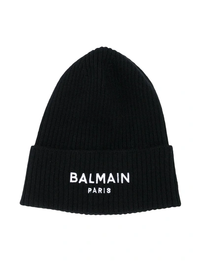 Balmain Kids' Embroidered Logo Ribbed-knit Beanie In Black