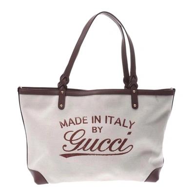Pre-owned Gucci White/brown Raffia Canvas Craft Tote Bag