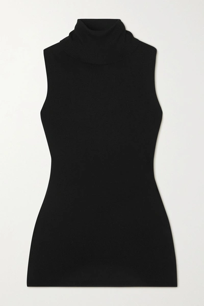 Allude Ribbed Wool Turtleneck Top In Black