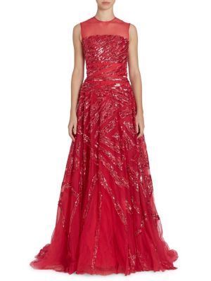 Zuhair Murad Sequin-embroidered Illusion Gown In Rose Red | ModeSens