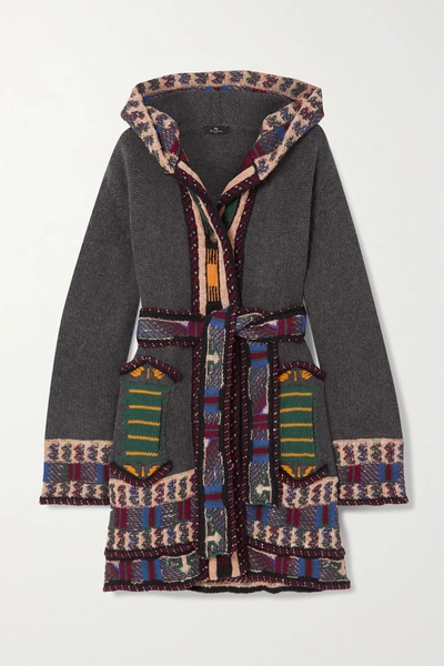 Etro Hooded Belted Embroidered Wool-blend Jacquard Cardigan In Charcoal