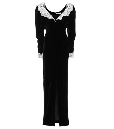Alessandra Rich Lace-trimmed Sequin-embellished Velvet Gown In Black