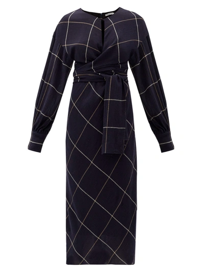 Three Graces London Victoria Draped Checked Woven Maxi Dress In Midnight Blue