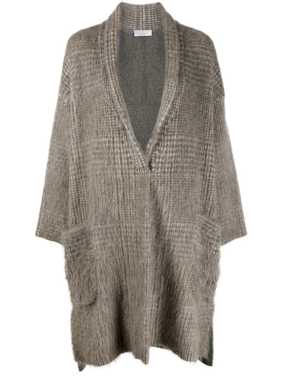 Brunello Cucinelli Fur Applique Check Cardigan In Grey