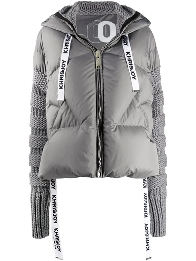 Khrisjoy Knit-sleeve Quilted Down Coat In Grey