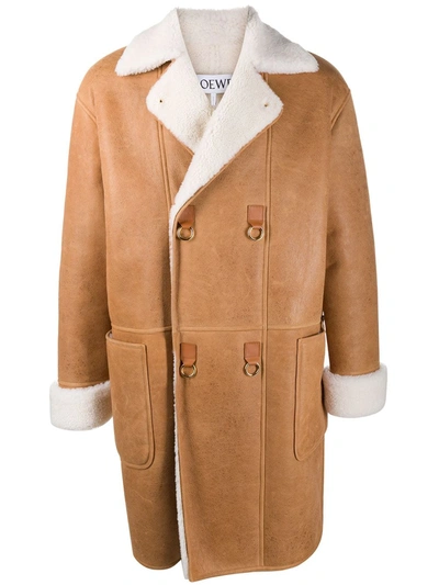 Loewe Double-breasted Shearling Coat In Brown