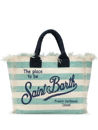 Mc2 Saint Barth Striped Logo Print Beach Bag In Neutrals