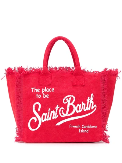 Mc2 Saint Barth Logo Print Frayed Beach Bag In Red