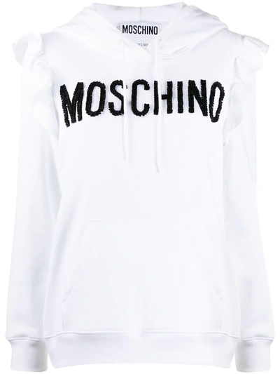 Moschino Logo-embellished Frill-trim Hoodie In White