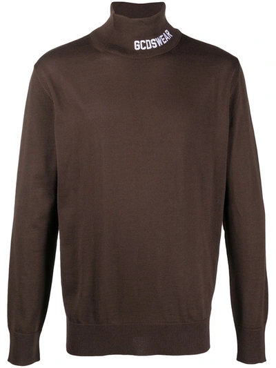 Gcds Men's Polo Neck Turtleneck Jumper Sweater Full Logo In Brown