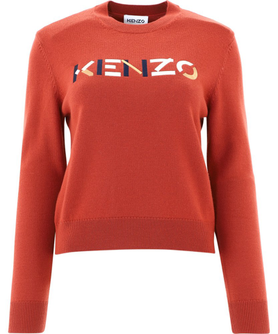 Kenzo Embroidered Logo Crew Neck Jumper In Brown,red