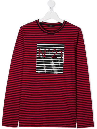 N°21 Kids' Logo Patch Striped Top In Red