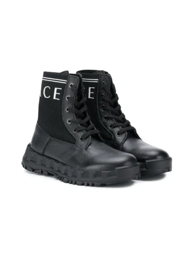 Young Versace Kids' Leather Lace-up Ankle Boots With Logo Knit In Black