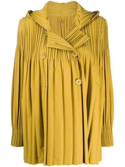 Issey Miyake Pleated Double-breasted Jacket In Yellow