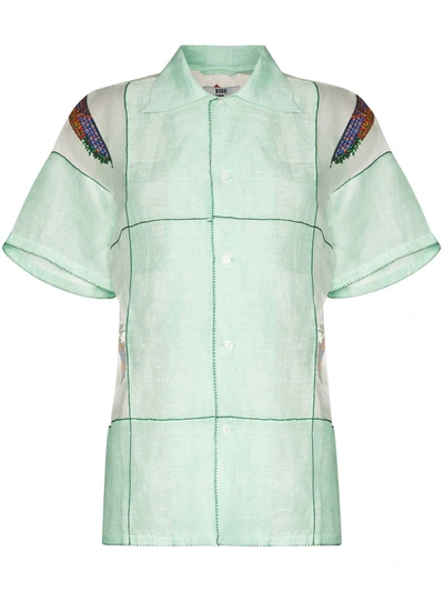 Bode Embroidered Linen Bowling Shirt In Green