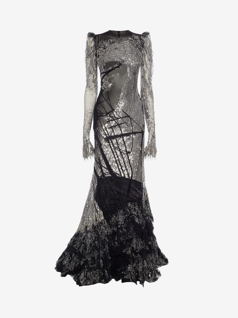Alexander Mcqueen Long Embroidered Dress With Tulle Tail | ModeSens