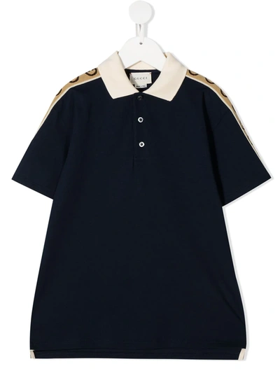 Gucci Kids' Cotton Piquet Polo Shirt W/ Logo Bands In Blue