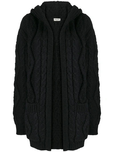Saint Laurent Chunky Knit Hooded Cardigan In Black