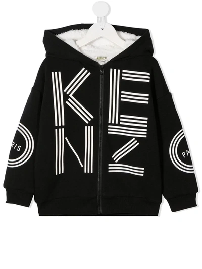 Kenzo Kids' Logo Print Zipped Front Hoodie In Black