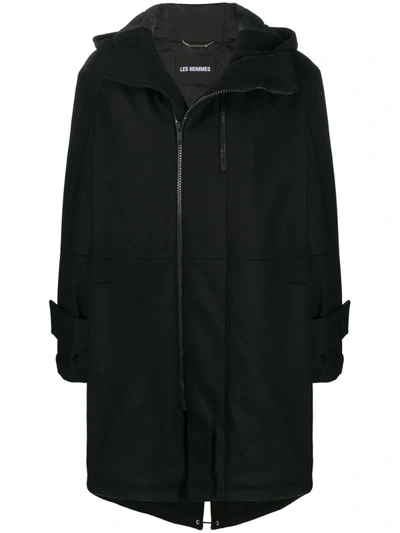 Les Hommes Hooded Duffle Coat In Black