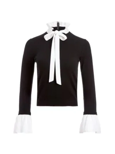 Alice And Olivia 'classic Cornelia' Contrast Ruffle Tie Neck Sweater In Black