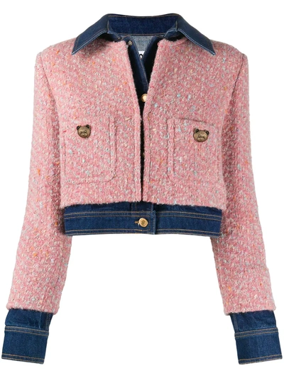 Moschino Tweed-overlay Denim Jacket In Pink