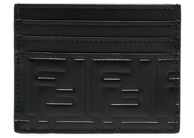 Pre-owned Fendi  Cardholder Ff Motif Embossed Leather (6 Card Slot) Black