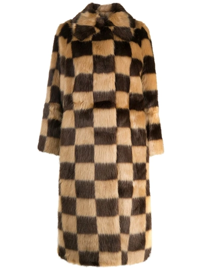 Stand Studio Nino Long Checkerboard Faux Fur Coat In Beige