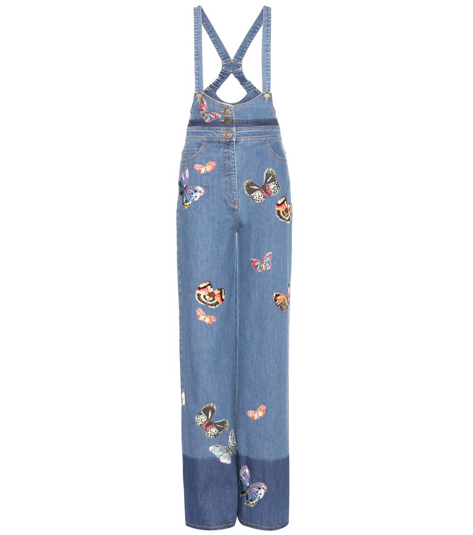 Valentino Butterfly Patches Cotton Denim Overalls, Blue | ModeSens