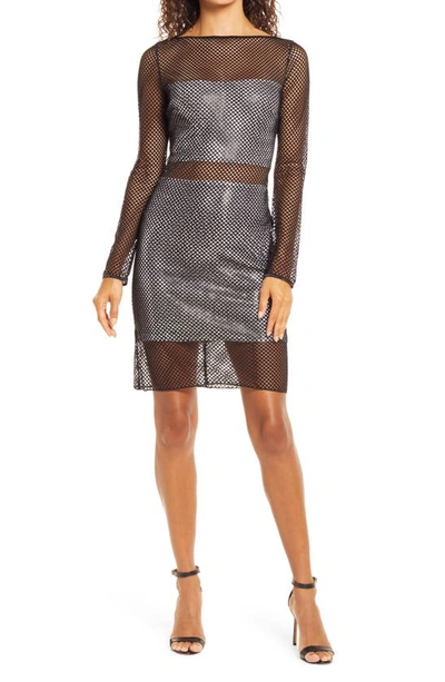 Tadashi Shoji Netting Illusion Long Sleeve Sheath Dress In Black/ Silver
