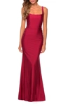 La Femme Square Neck Trumpet Gown In Burgundy