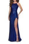 La Femme Sequin Open Back Trumpet Gown In Royal Blue